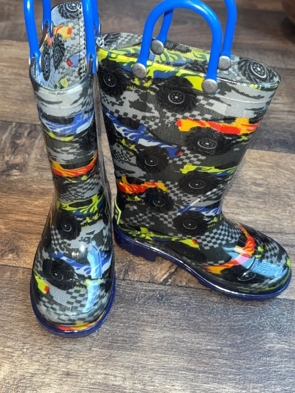 Kids Blue Handle Monster Truck Rain Boots